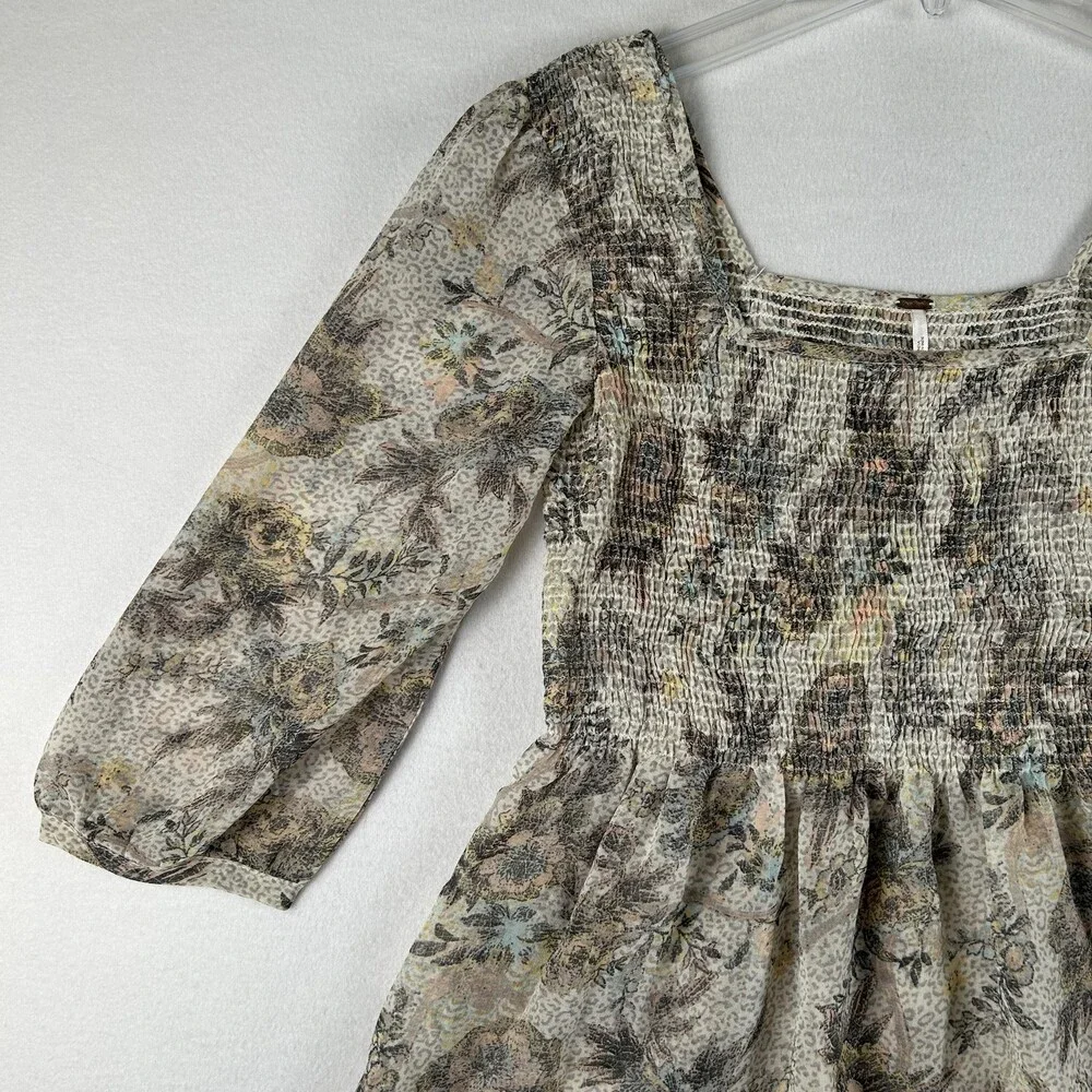 Free People Blouse Womens XS Floral Chiffon Ever After Smocked Peplum Boho Sheer